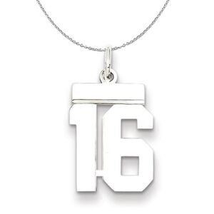 Silver, Athletic Collection, Small Polished Number 16 Necklace - 24 In